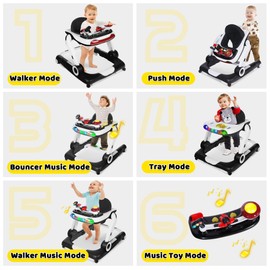 TODEFULL 6 in 1 Baby Walker, Baby Activity Center for Toddler, Walker Rocker Bouncer w/Adjustable Height Speed, Learning-Seated & Walk-Behind, Infant Walker w/Feeding Tray & Music Toys, Black