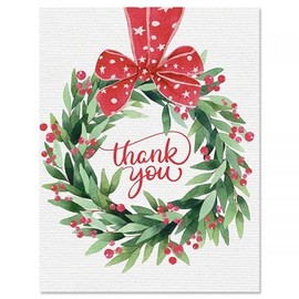 Wreath Ribbon Thank You Note Cards - Sets of 10 Note Cards, 4 1/4" x 5 1/2" cards, and come with white envelopes.