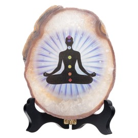 Nupuyai 7 Chakra Healing Agate Slice Yoga Prints with Wooden Stand Irregular Crystal Geode Agate Stone Art Decor for Home Office Tabletop, Blue & White