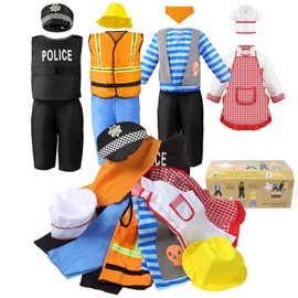 Sinuo Boy's Dress Up Costumes Trunk Set 11pcs, Pirate, Chef, Construction Worker, Policeman Costume Fit Kids Age from 3-6