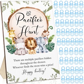 51 Pcs Cool Baby Shower Games Include Baby Pacifier Hunt Sign Wooden Baby Gift Sets Gender Reveal Party Favors 50 Acrylic Baby Pacifiers Mini Plastic Pacifiers for Baby Gender Reveal (Animals, Blue)