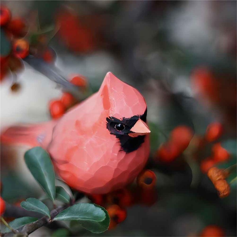 ShaoAngDuoMi Small Carved Wooden Northern Cardinal Figurines, Handmade Male Cardinal