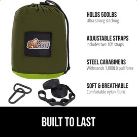 GORILLA GRIP Durable Portable Camping Hammock, Holds 500lbs with Heavy Duty Tree Straps, Comfortable Travel Swing, Camp Hammocks, Easy to Use and Install, Outdoor Essentials, Green, 10x6.5 FT
