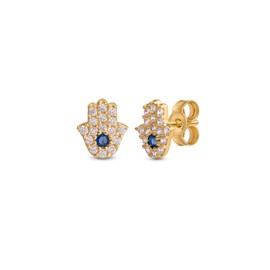 Amberta Italian 9ct Gold Lucky Cubic Zirconia Stud Earrings for Women: Gold Hamsa Hand Earrings