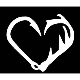 Fish Hook Antler Heart Decal Vinyl Sticker|Cars Trucks Vans Walls Laptop| White |5.5 x 4.75 in|CCI1172