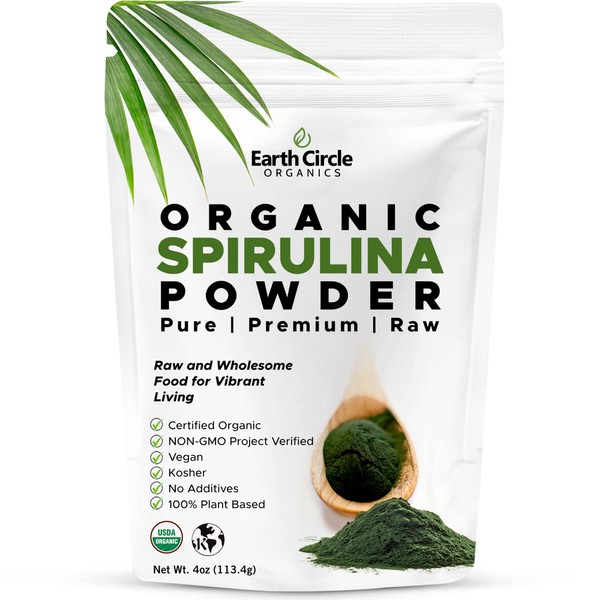 Earth Circle Organics | Organic Spirulina Powder, Kosher, Raw and Non-Irradiated | Pure Vegan Protein | Premium Superfood, High in Amino Acids and Anti-oxidants - 4 Ounce (Pack of 1)