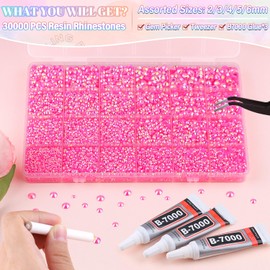 30000Pcs Resin Hot Pink AB Rhinestones for Bedazzling Crafting with b7000 Jewelry Glue, Bulk Flatback Gems Bedazzler Kit for Crafts Clothes Shoes Fabric Nail Diamond Art, Assorted Size 2/3/4/5/6mm
