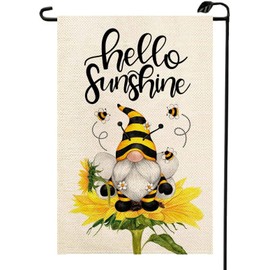 Hello Sunshine Bees Gnome Sunflower Summer Garden Flag 12x18 Inch Double Sided for Outside Funny Spring Farmhouse Seasonal Holiday Outdoor Yard Decoration Flag XJ14