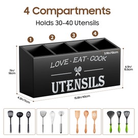 Wingsife Utensils Holder with 4 Compartments, Bamboo Utensil Organizer for Kitchen Countertop, Silverware Caddy Cutlery Holder for Flatware Fork Spoon Spatula, Cooking Utensil (Black Pine Wood)