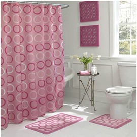 Creative Home Ideas 15-Piece Bathroom Shower Curtain Set – Set of 1 Shower Curtain & 12 Metal Hooks & 1 Bath Mat & 1 Contour Mat, Modern Bathroom Décor, Machine Washable, Terrell Dusty Rose