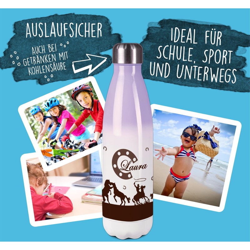 CreaDesign, Children's Stainless Steel Drinking Bottle, Horses, Brown, Purple, Thermal