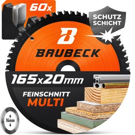 BAUBECK Saw Blade 165 x 20 with 16 mm Reducing Ring - Multi Material Fine Cut - Circular Saw Blade 165 x 20 for Wood, Aluminium, Metal and Many More - Saw Blade 165 - Circular Saw Blade 165 x 16