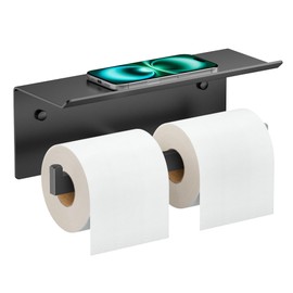 FORIOUS Black Toilet Paper Holder with Shelf, 304 Stainless Steel Wall Mount Commercial Toilet Paper Dispenser, Double Tissue Roll Holder for Bathroom, Matte Black