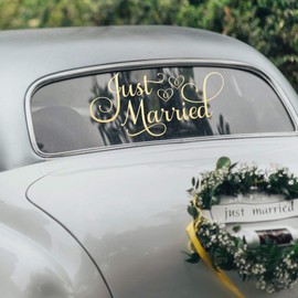 Just Married Car Decor, Just Married Car Window Vinyl Decal, Gold Wedding Decorations, 24"W x 12"H Metallic Gold