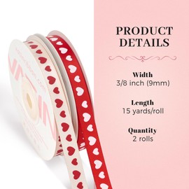 VATIN Valentine’s Day Ribbon,2 Rolls Heart Satin Ribbon Use for Valentines Day Craft,Gift Wrapping,Home Decor,3/8 Inches Total 30 Yards,Red/Pink/Cream