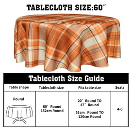 Kawani Fall Orange Tablecloth Round 60” Autumn Thanksgiving Buffalo Plaids Tablecloths Fall Checkered Decoration Round Table Cover Washable House Decor for Kitchen Dining Room Farmhouse Holiday