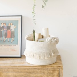 CherryNow Small Woven Storage Baskets Cotton Rope Decorative Hamper for Diaper, Blankets, Magazine and Keys, Cute Tassel Nursery Decor - Home Storage Container – 9.5'' x 7'' Off-white