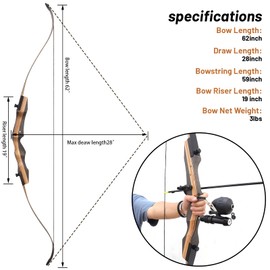 62" Hunting Recurve Bow Archery Set Adult 25-50lbs Fishing Bow and Arrow for Adults Hunting Right Hand with 3pcs Bow Fishing Arrows (30LBS)