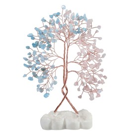 Nupuyai Copper Wire Rose Quartz & Aquamarine Crystal Tree with Heart Rock Quartz Crystal Cluster Base, Handmade Double Color Stone Money Tree Decor for Home Fengshui Wealth