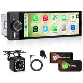 Single DIN Car Radio & Android Car Wireless with Backup Camera,6.36 Inch HD Touch CarPlay Screen,Bluetooth Handsfree Calls,Reversing Camera, FM, Aux Input, Steering Wheel Control,Mirror Link