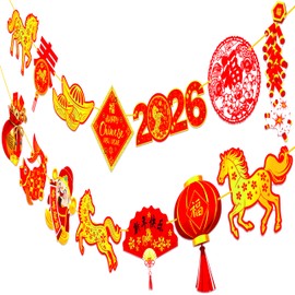 Chinese New Year Banner The Year of The Horse Decorations 2PCS Lunar New Year Double-sided God of Wealth Cutout Banners for Chinese Spring Festival Party Supplies