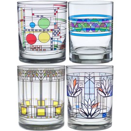 Frank Lloyd Wright Double Old-Fashioned DOF Set of 4 Assorted Glasses (Set A): Coonley Playhouse, Saguaro Cactus, Tree of Life, and Waterlilies