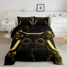 Erosebridal Gamer Comforter Sets for Boys Girls Kids Gaming Bedding Sets Queen for Boys Room Decor,Game Contoller Down Comforter 3Pcs Gamer Gifts Bed Set for All Season,Ombre Yellow Gamepad