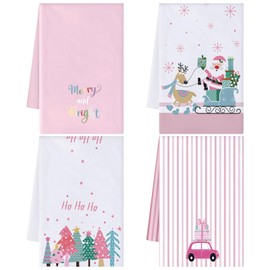 Hahafelt 4 Pcs Christmas Hand Towels 18 x 26 Inch Merry and Bright Xmas Tree Truck Winter Holiday Decoration Hand Towel for Kitchen, Reusable Microfiber Dishcloth Washable