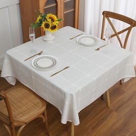 Gernaice Plaid 55x55 Inch Square Card Table Tablecloth, Farmhouse Embroidered Fabric Checkered Table Cloth, Dust Proof Wrinkle Free Washable Table Cover for Party Kitchen Dining Picnic, White