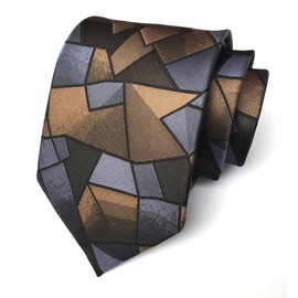 Elfeves Mens Silk Brown Grey Tie Geometric Design Cool Gentleman Party Self Cravat Neckties