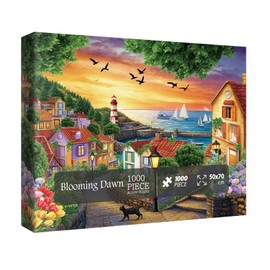 Beach Ocean House Puzzles for Adults 1000 Pieces, Colorful Sunset Lighthouse Sailboat Landscape Scenic Jigsaw Puzzles, Fun Cat Bird Tree Floral Scenery Puzzle
