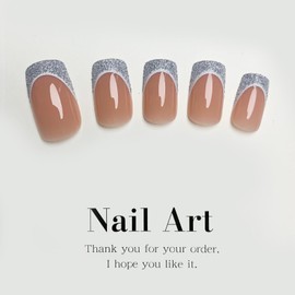 French Tip Press on Nails Short Square Fake Nails Silver Glitter Nails Tips Acrylic Nails Glossy Glue on Nails Nude Nutare Stick on Nails for Women Girls Nails Decoration 24 Pcs