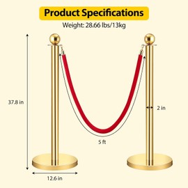 Velvet Ropes and Posts, GARVEE Crowd Control Barriers, 1 Red Velvet Rope 5 Ft, 2 Pcs 38 Inch Gold Stanchion Post with Ball Top for Red Carpet, Theaters, Parties, Wedding, Exhibition