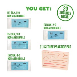 Suture Kit for Training & Practice (20 Silk Sutures), Includes Practice Pad with 14 Pre-Cut Wounds, Thread & Needle, Medical & Nursing Student Training Pack