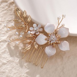 YUEKISEN Vintage Flower Bride Wedding Hair Comb Gold Leaf Headpiece Pearl Wedding Hair Piece for Bride Hair Accessories Flower Hair Clips for Women