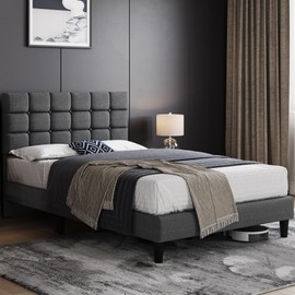 Yaheetech Upholstered Bed Frame, Modern Full Bed Platform with Square Stitched&Button Tufting Headboard Height Adjustable, Wooden Slats Support, No Box Spring Needed, Full Size, Dark Gray
