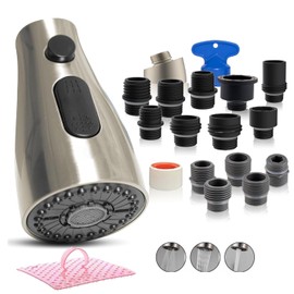 EcoKitchen5Stars Pull Down Kitchen Faucet Spray Head Replacement & Aerator, CEC & DOE Certified, 15 Adapters for Moen, Delta, Kohler, Grohe - 3-Mode Sink Sprayer Nozzle, Brushed Nickel