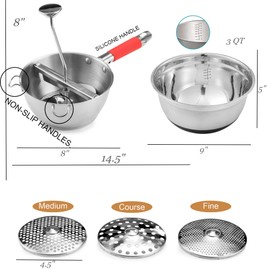 Food Mill with Bowl - 3 food grinder Discs & Bowl - Potato ricer for mashed potatoes - Grain mill hand crank for Mashing, Straining & Grating Fruits & Vegetables - Baby food mill - Bezrat (Black)