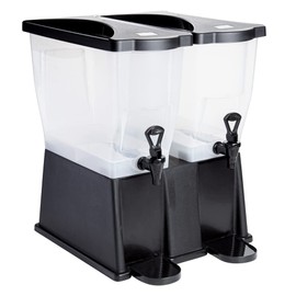 Restaurantware Bev Tek 6 Gallon Drink Dispenser 1 Dishwashable Double Beverage Dispenser - Detachable Tanks Includes Decals Black Plastic Carnival Juice Dispenser With Stand Push-Button Spigots