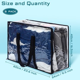 8 Pcs Clear Zippered Storage Bags Closet Organizer Vinyl Bag with Reinforced Handle Clothes Storage Organizer Transparent Moving Bags Totes for Bedding Linen. (60 L, 23.6x16.5x9.5 In, Clear, Black)
