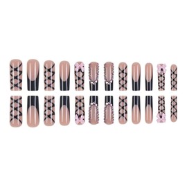 Square Press on Nails Black French Tip Fake Nails Extra Long False Nails with 3D Bow Design Glossy Acrylic Nail Full Cover Stick on Nails for Women 24 Pcs