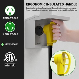 POWGRN 30 Amp RV Extension Cord 25 FT Outdoor with Grip Handle, Flexible Heavy Duty 10/3 Gauge STW 3 Prong RV Power Cord Waterproof, NEMA TT-30P to TT-30R, Black-Yellow, ETL Listed