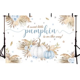 MEHOFOND 7x5ft Autumn Boho Little Pumpkin Backdrop for Boy Baby Shower Fall Leaves Pampas Grass Thanksgiving Blue White Floral Background for Photography Party Decorations Banner Photo Booth Props