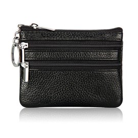 boshiho Coin Purse Coin Case 4 Pockets with Key Ring Leather Men's Women's Wallet Ultra-light Large Capacity, black