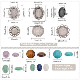 SUNNYCLUE 6Pcs 6 Styles Adjustable Blank Flower Cabochon Ring Connector Cabochon Bezel Settings with 6pcs Round Oval 18mm/28mm Gemstone for DIY Ring Making