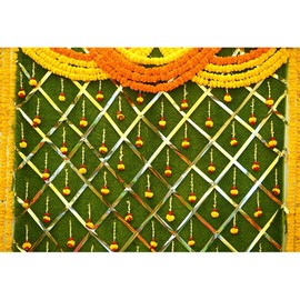 Baocicco 5x3ft India Pooja Photography Backdrop Yellow Flower Green Flower Wall Hindu Photography Background Indian Wedding Puja Ganpati Pooja Traditional Mehndi Festival for Kids Adult Studio Video