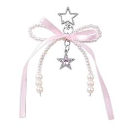 ChungLong0593 Cute Silk Ribbon Bow Knot Stars Charms Keychain Y2K Pearl Bow Knot Key Ring for Women for Car Keys Holder Bag Purse-Pink