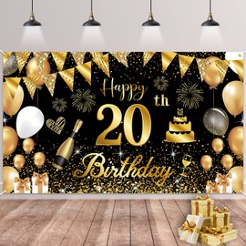 20th Birthday Banner Black Gold, BTZO 20th Birthday Women, Decoration 20th Birthday Girls, 20th Birthday Background Banner for 20th Party Birthday Decoration