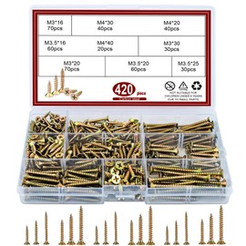 Wood Screws, 420PCS M3 M3.5 M4 Screws for Wood Color Zinc Wood Screws Assortment Assorted Screws Set Self Tapping Screws with Clear Box for DIY Furniture Repairs