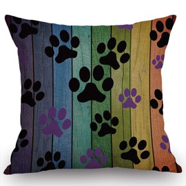Swono Rustic Rainbow Woodgrain Black and Purple Dog Paw Cotton Linen Throw Pillow Case Cushion Cover Home Office Decorative Square 18x18 inch